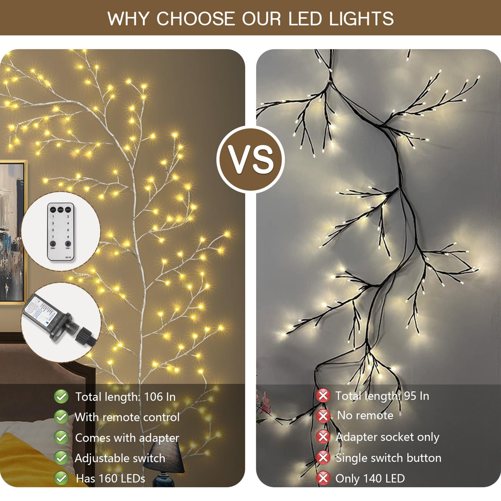 160 LED PlugIn Vine Lights With Remote Indoor Artificial Willow Decor White