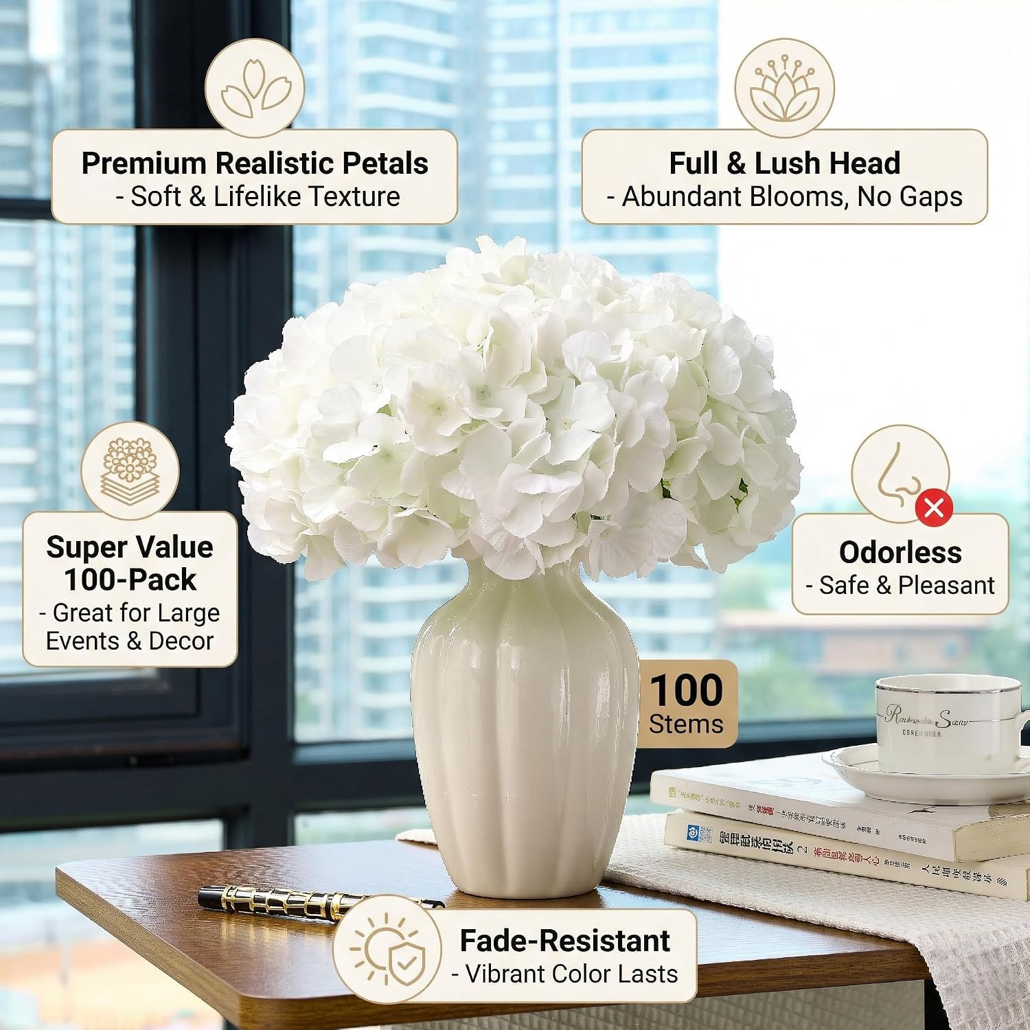 100 PCS Ivory Hydrangea Artificial Flowers, Faux Hydrangea Flowers Silk Full Flo