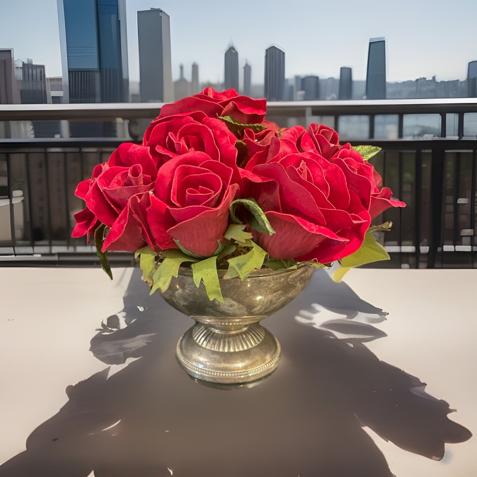 Faux Red Rose Small Arrangement In Aged Silver Pedestal Urn
