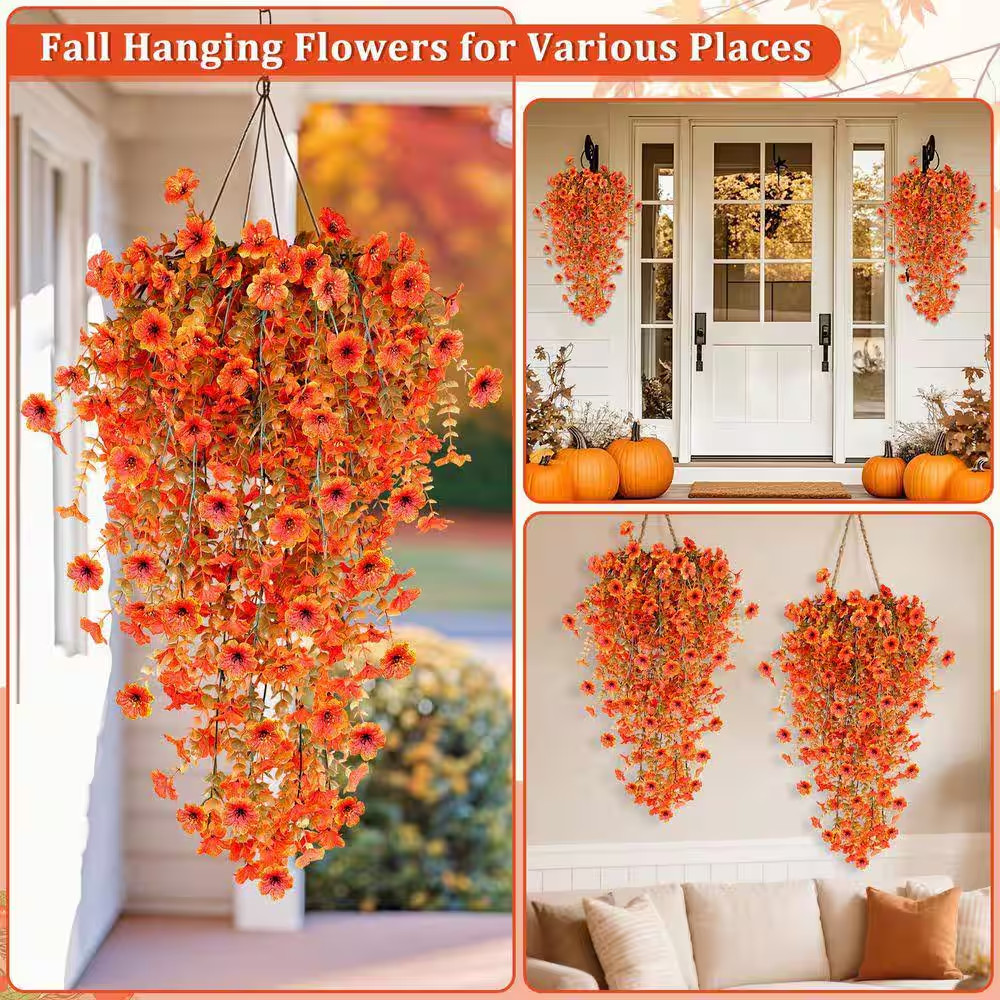 5 In. H Orange Artificial Hanging Fall Flowers 4-Pieces Fake Mums for Outdoor UV