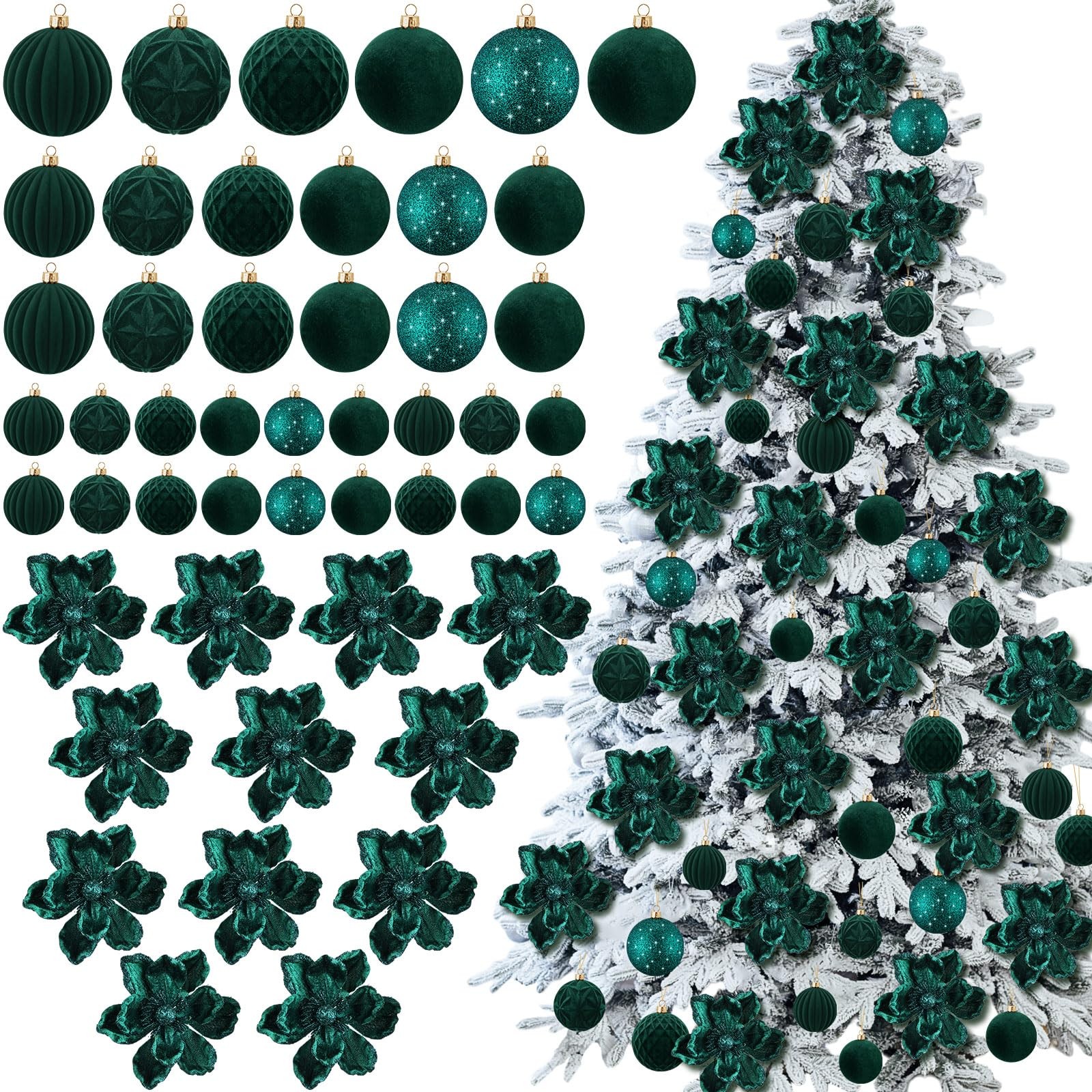 48 Pcs Christmas Tree Decoration Set 12 Glitter Poinsettia Magnolia Artificia…