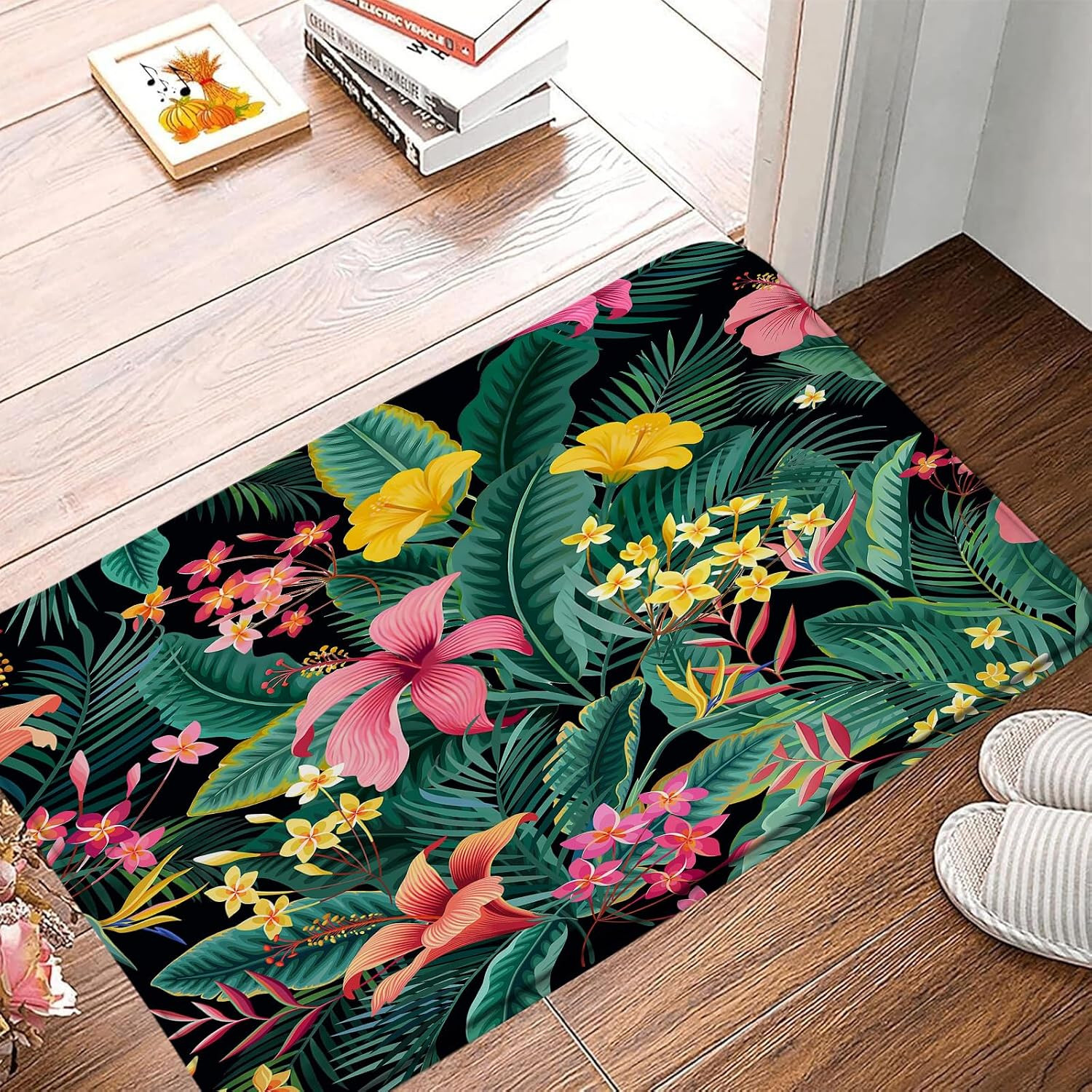 Tropical Leaves Flower Bath Mat Green Palm Banana Leaf Pink Floral Plant Botanic