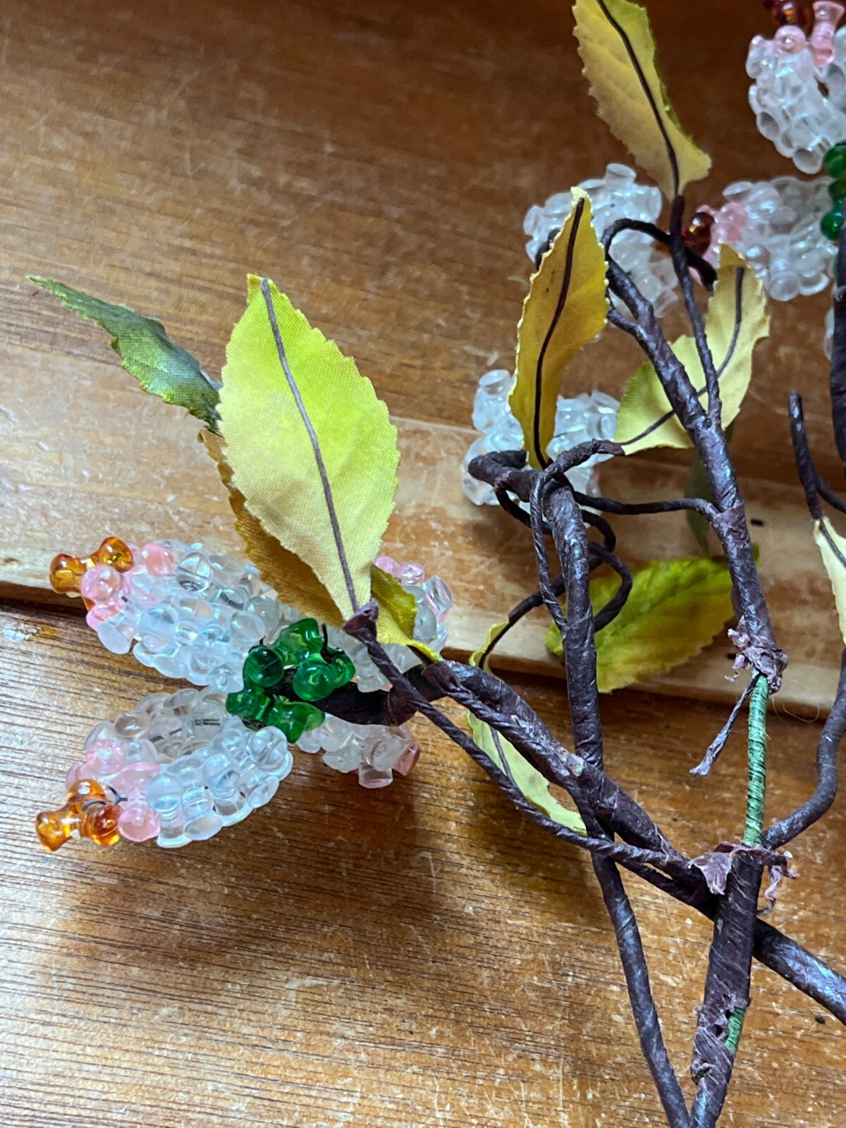 Hand Made Clear Pink & Orange Plastic Flowers w Green Silk Leaves –