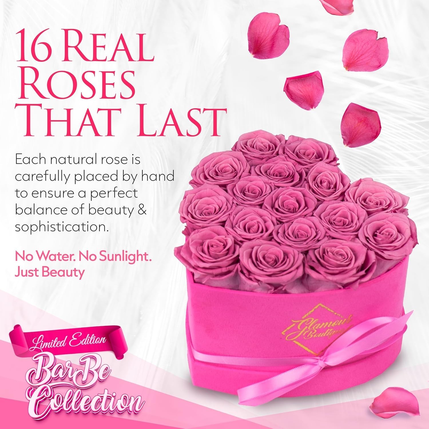 16 Eternal Preserved Roses in Velvet Pink Heart Box – Perfect Mother’s Day Gift