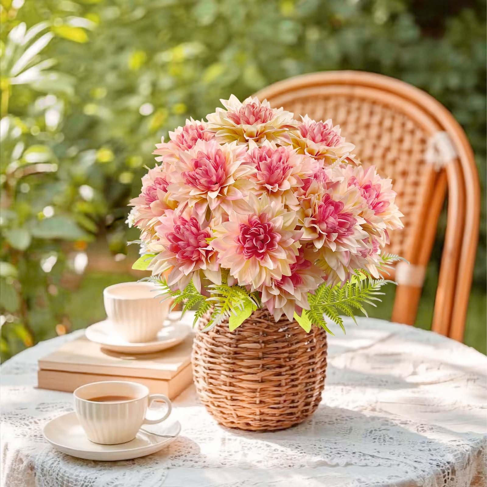 14 Blooms Artificial Dahlia Flowers, 2 Bunches Gradient Pink Fake Dahlias wit…