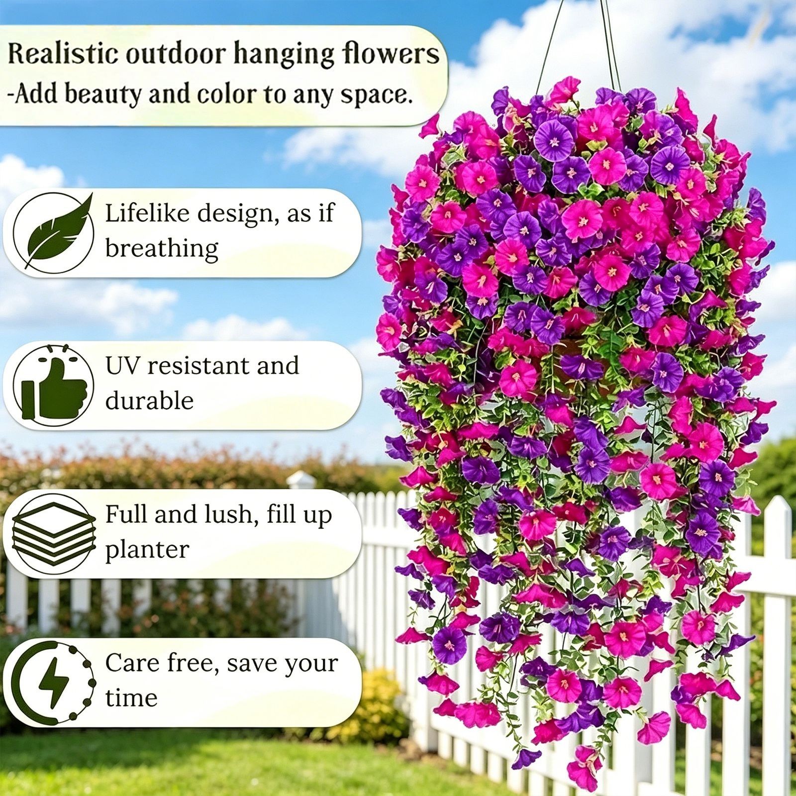 4PCS Artificial Morning Glory Vines UV Resistant Hanging Flowers Outdoor Decor