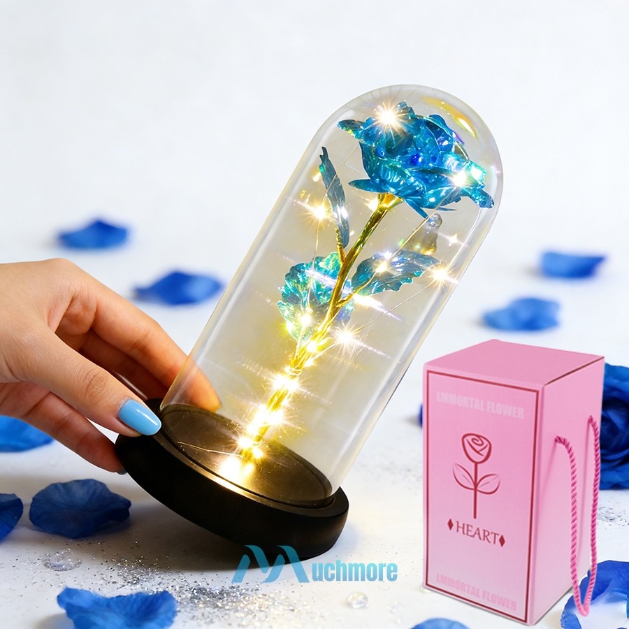 Preserved Eternal Galaxy Rose Flower In Glass Dome with LED Light Gift for Her
