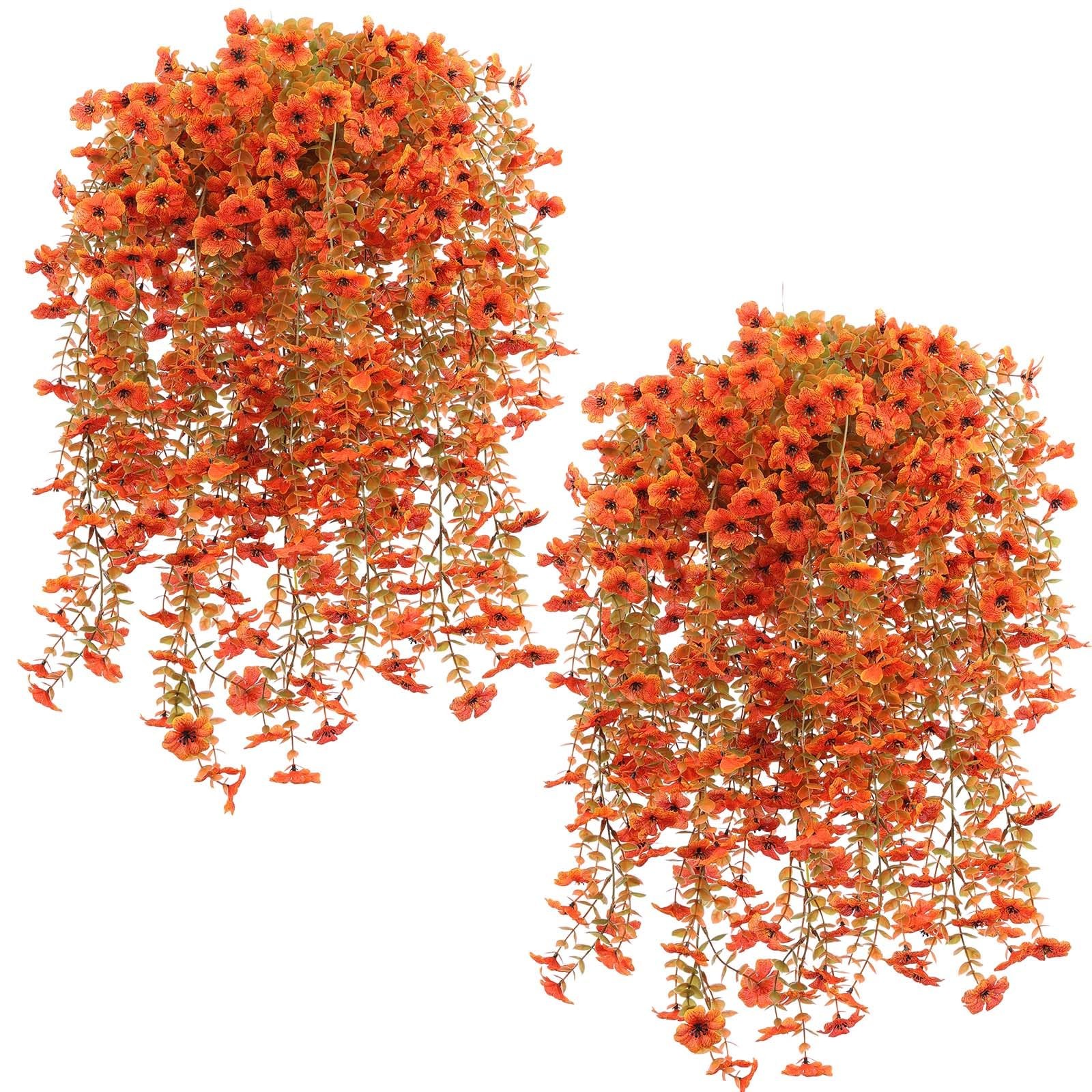 12 Pcs Artificial Hanging Mums Flowers Outdoor, Orange UV Resistant Fake Hang…