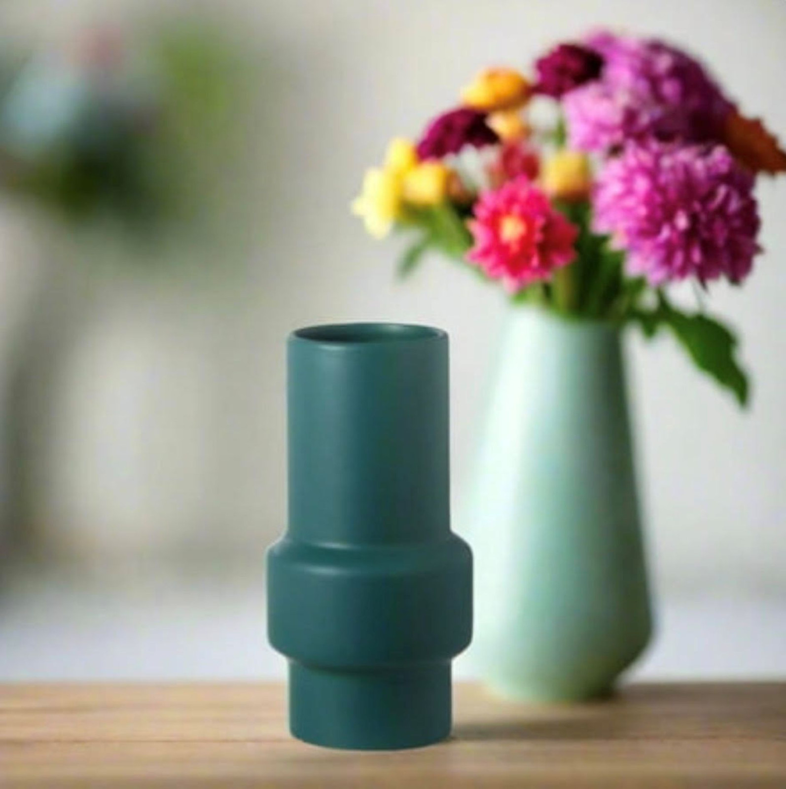 8.8″ Ceramic Round Pipe Vase Matte Finish Pine Green for Floral Arrangements