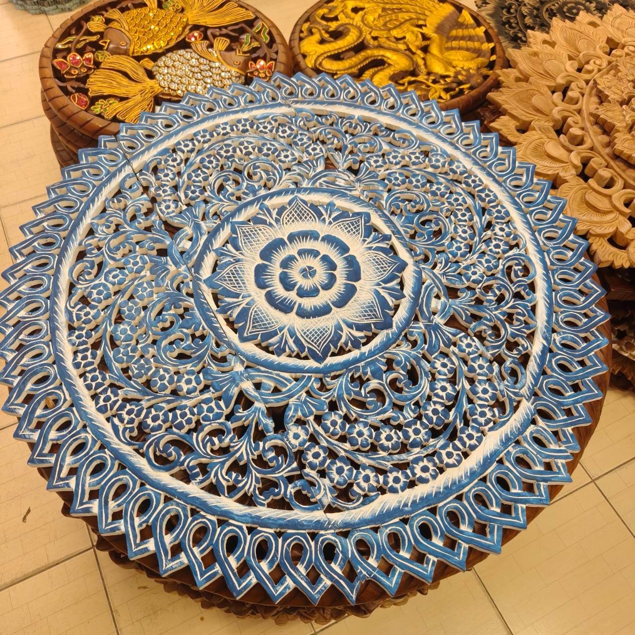 36″ Carved Wood Wall Art 3-Panel Round Mandala Coastal Blue & White #J