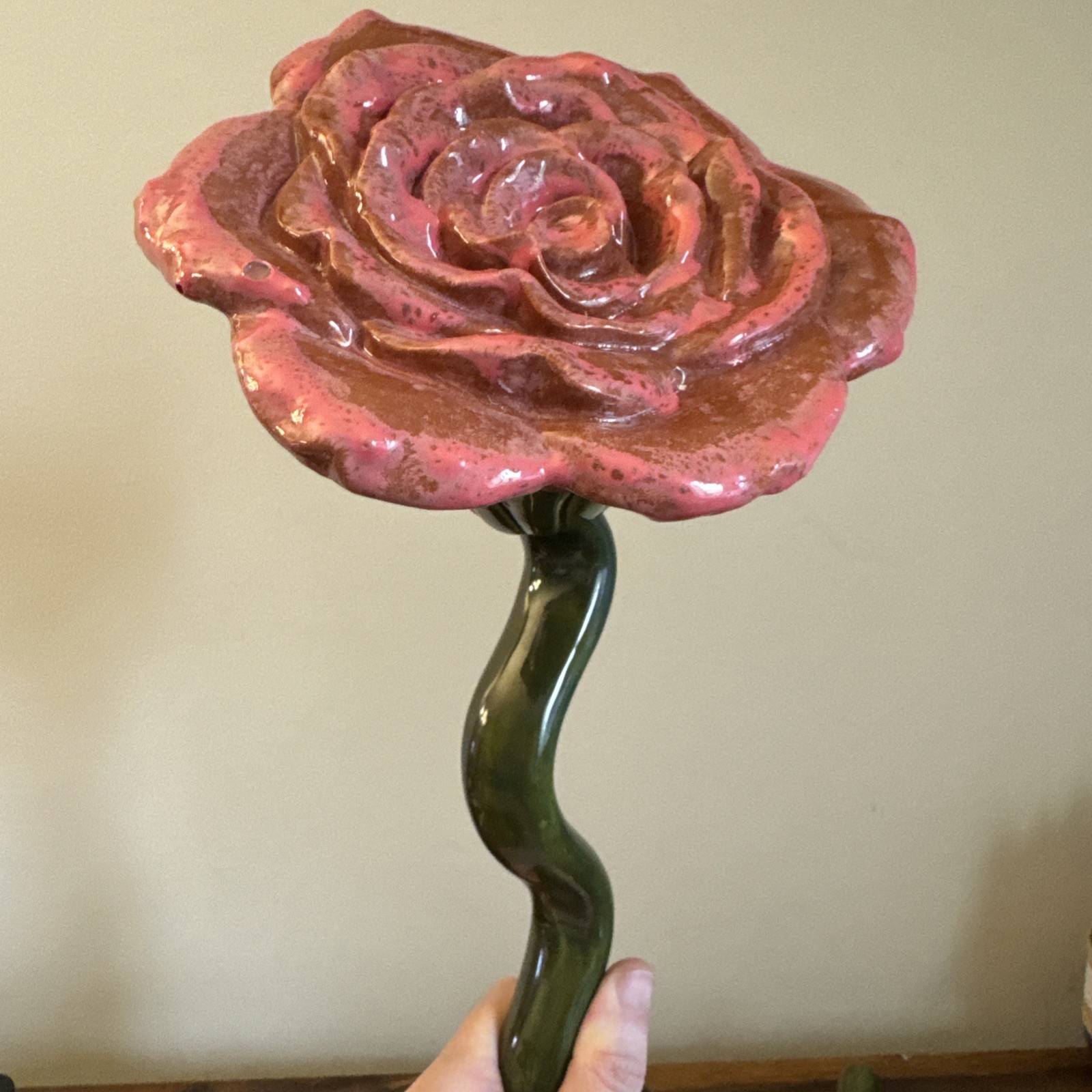 Stoneware Ceramic Rose Flowers & Stems – Handmade Glazed Pink – Set of 4