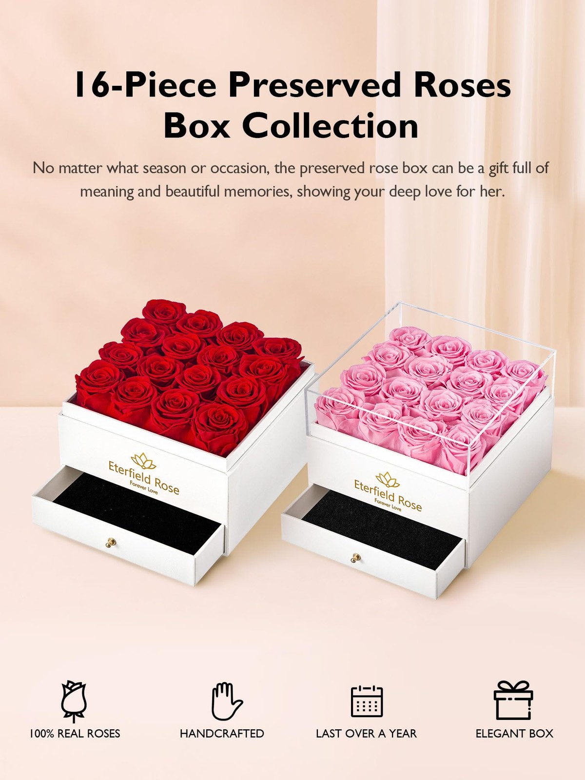 16 PCS Forever Flowers Preserved Pink Roses Square White Box With Drawer
