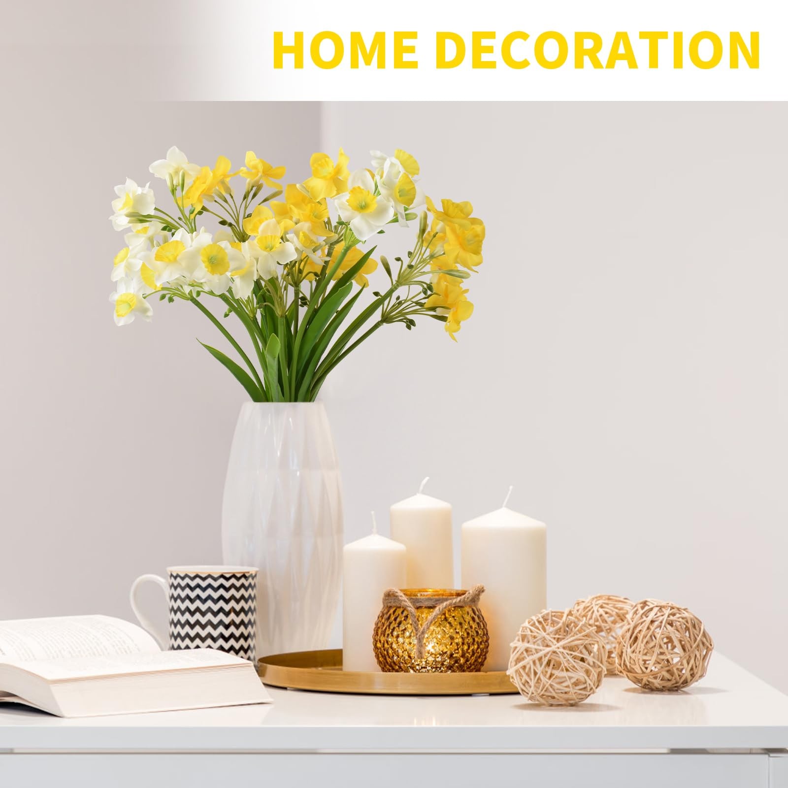 4Bundles Artificial Daffodils Flowers Fake Silk Daffodil Flower Faux Narcissu…