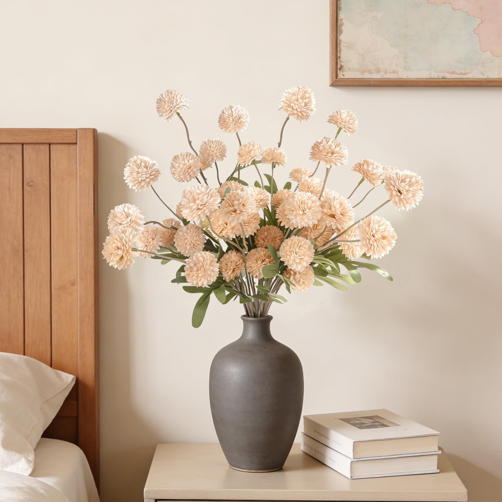 8 Pcs Apricot Beige Silk Pompon Kiku Mums, Artificial Flowers for Vase, Fake …