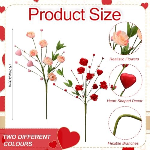 12 Pcs Valentines Day Decoration Rose Floral Picks 16 Inch Red Pink Heart