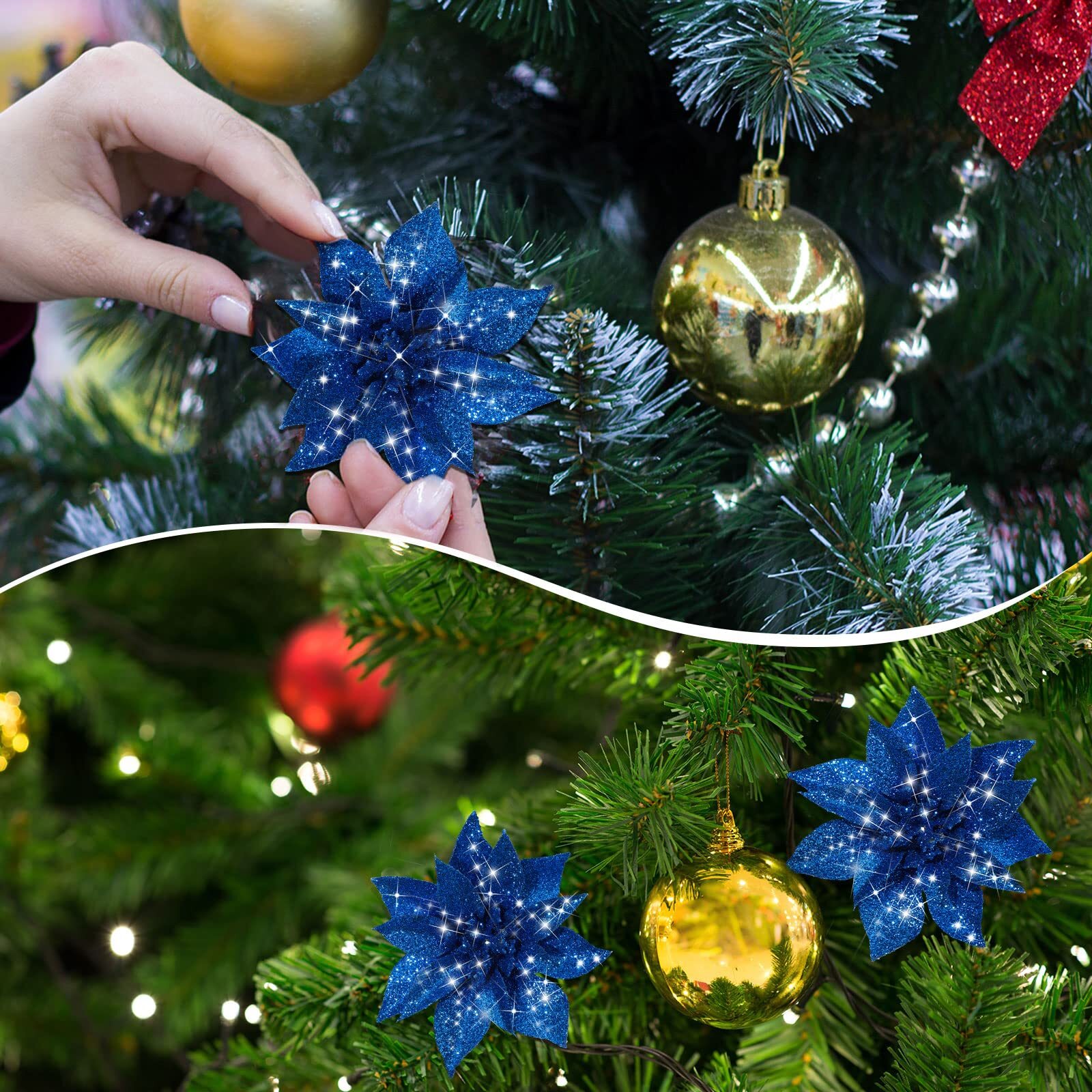 30 Pcs Dark Blue Christmas Glitter Artificial Poinsettia Flower Tree Decoration