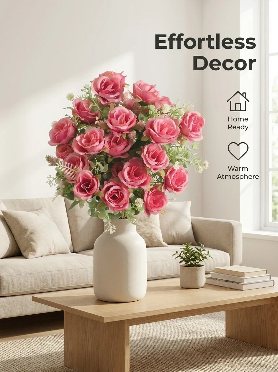 Artificial Rose Bouquet Set of 3 Pink Silk Flowers Wedding Home Decor 12in