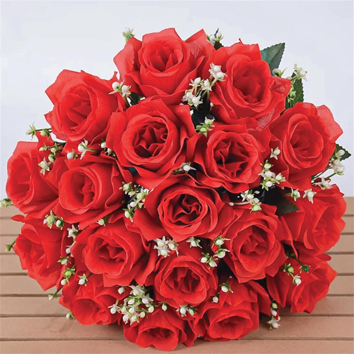 16 Inch Artificial Silk Red Rose Bush Gyp Foliage 24 Heads Wedding Grave 1 PCS