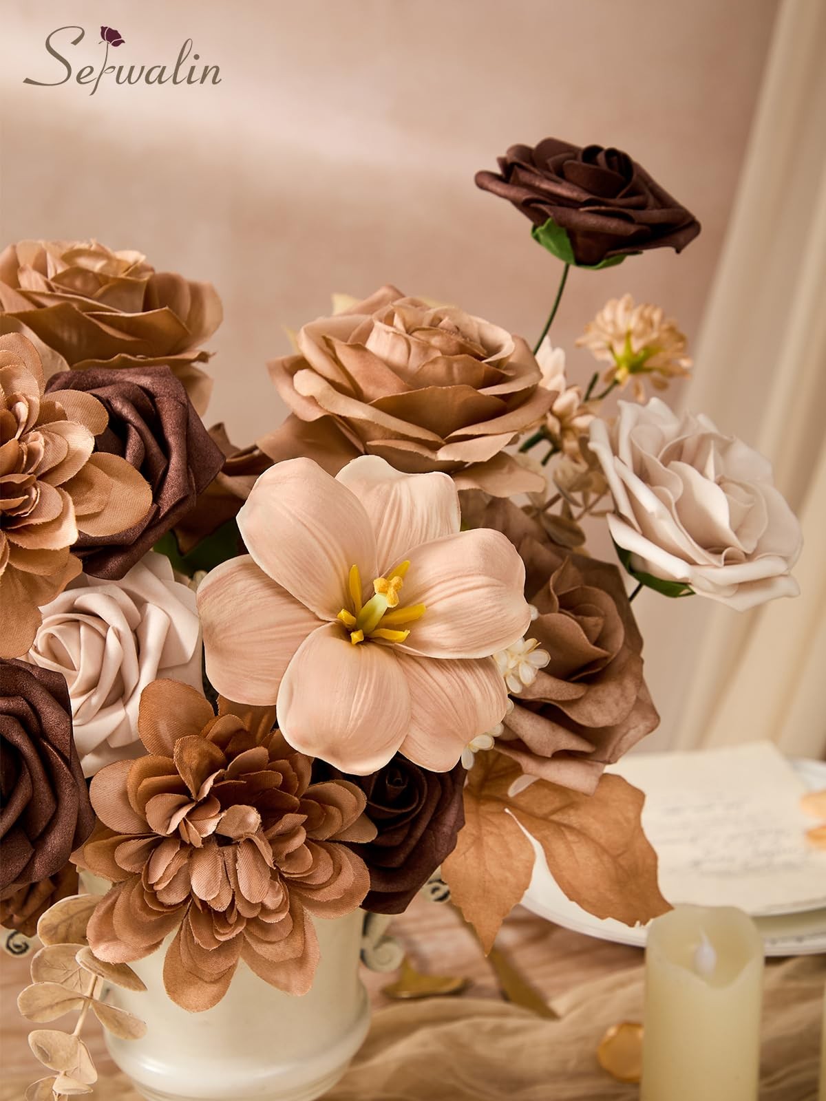 Artificial Flowers Brown Apricot Fake Silk DIY Wedding Bouquet Centerpiece