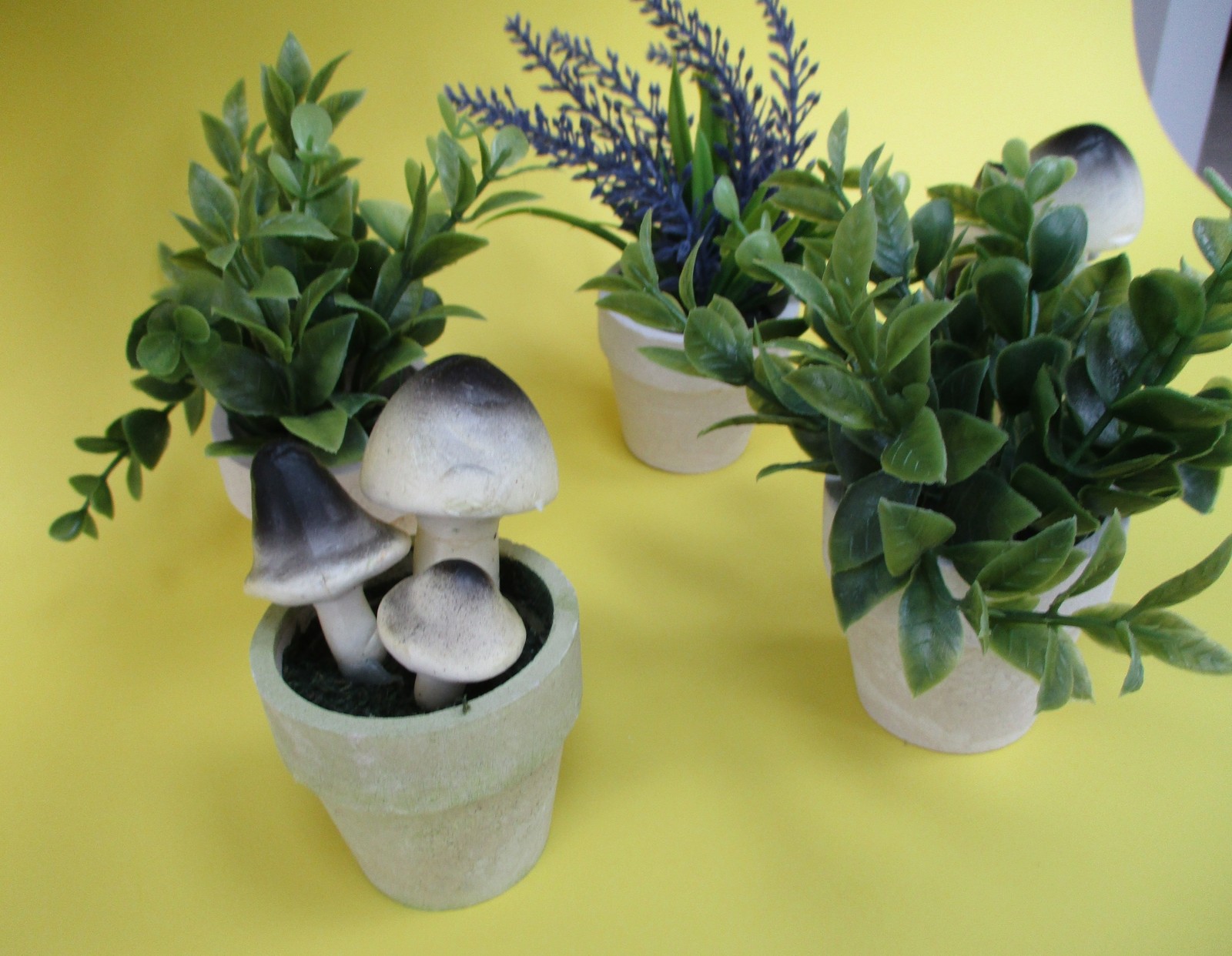 5 PLANTS IN POTS Artificial Small Fake home/office MUSHROOMS LAVENDAR GREENS