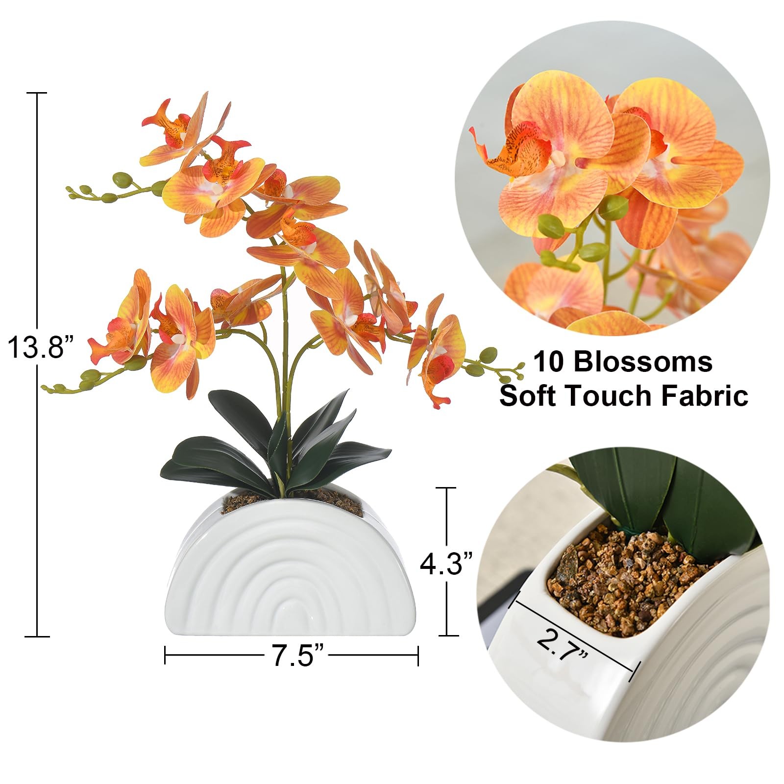 Artificial Orchid Plant In White Rainbow Pot Silk Phalaenopsis Flowers Orange