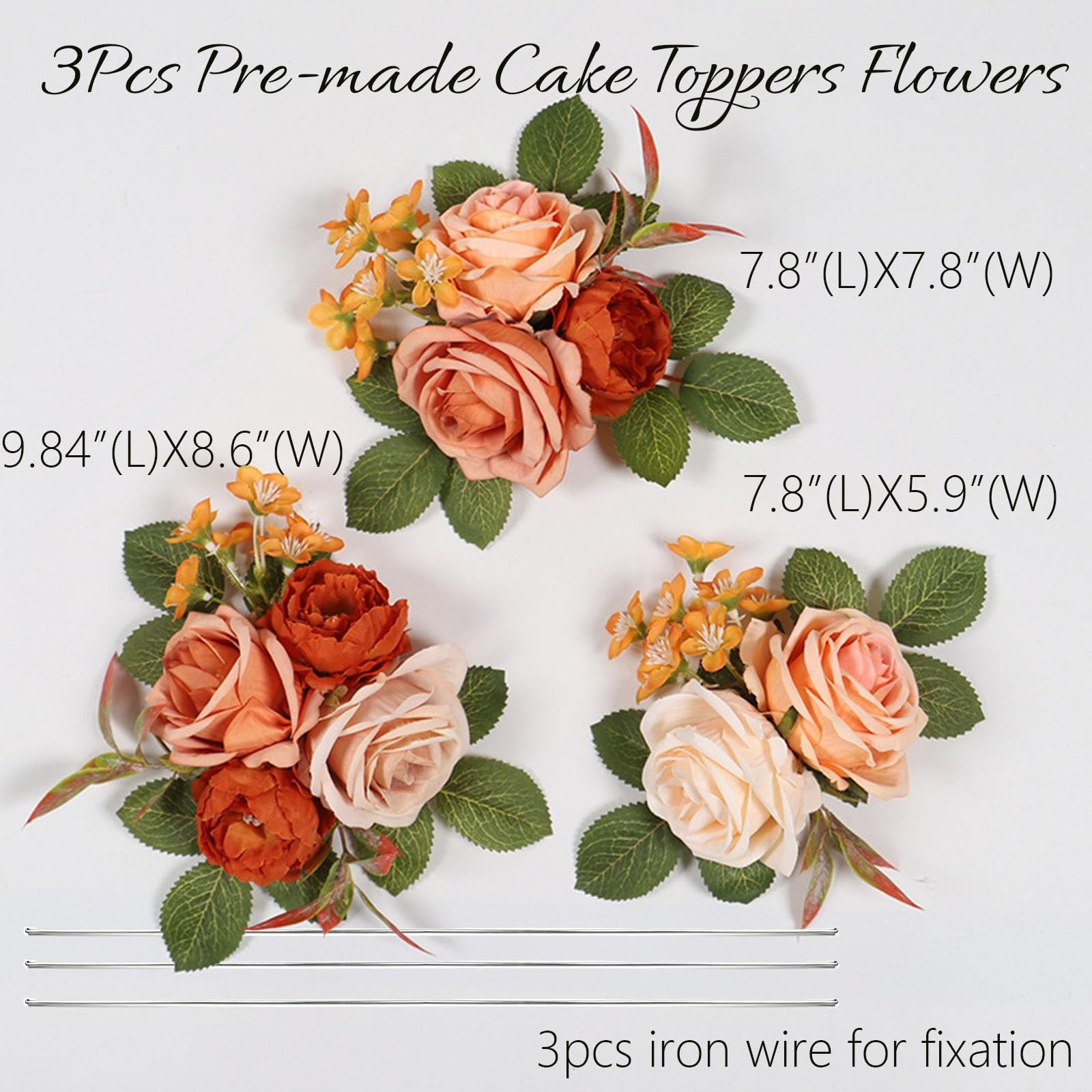 3 PCS Burnt Orange Artificial Fake Wedding Cake Toppers Flowers Decorations