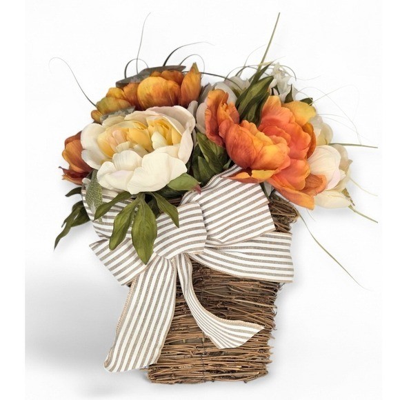 Ashland Fall Peony Floral Wall Hanging Grapevine Straw Basket Farmhouse Country