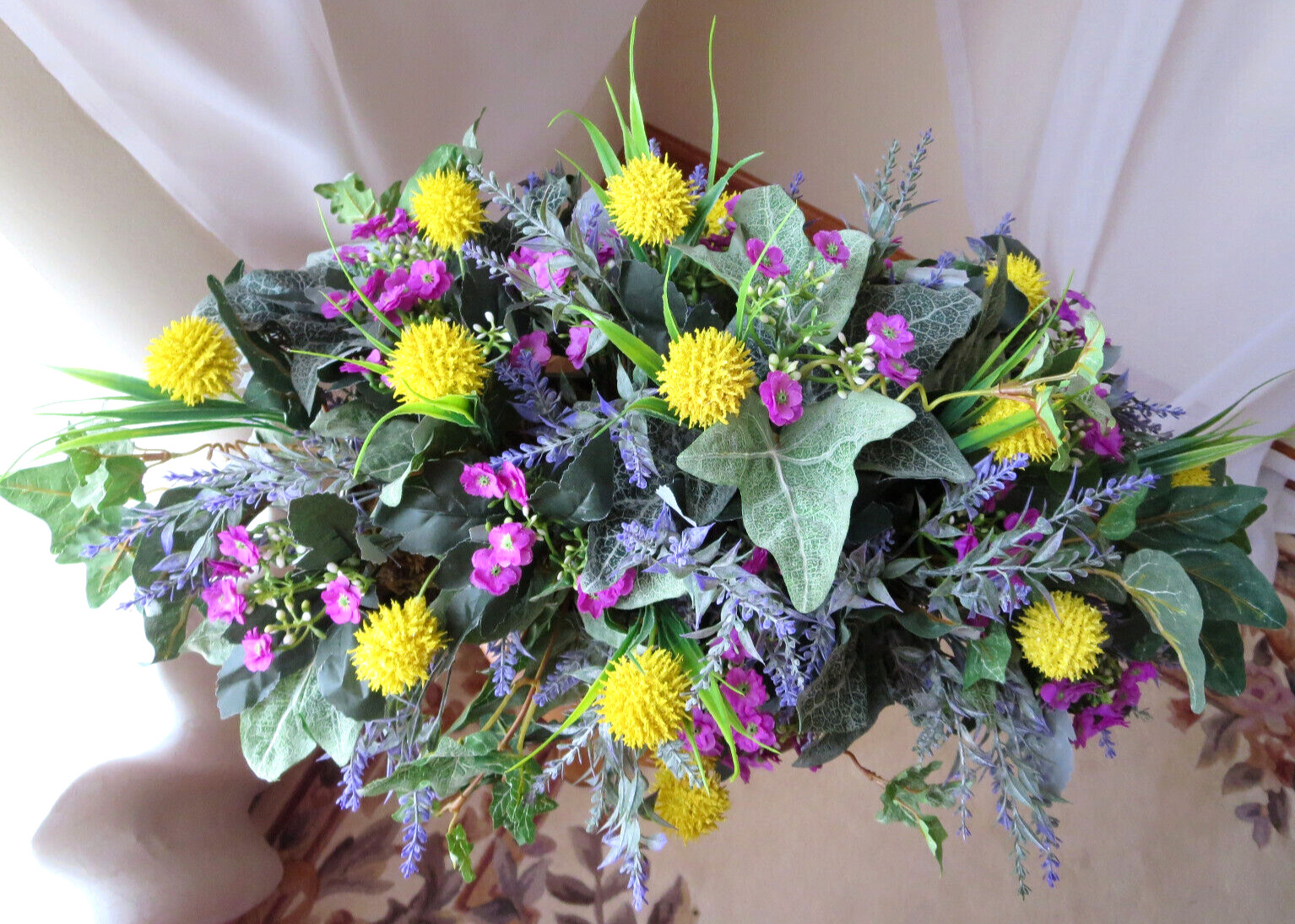 SPRING ARRANGEMENT ARTIFICIAL SILK/PLASTIC FLOWERS IN IRON CONTAINER 22″x14″ NEW