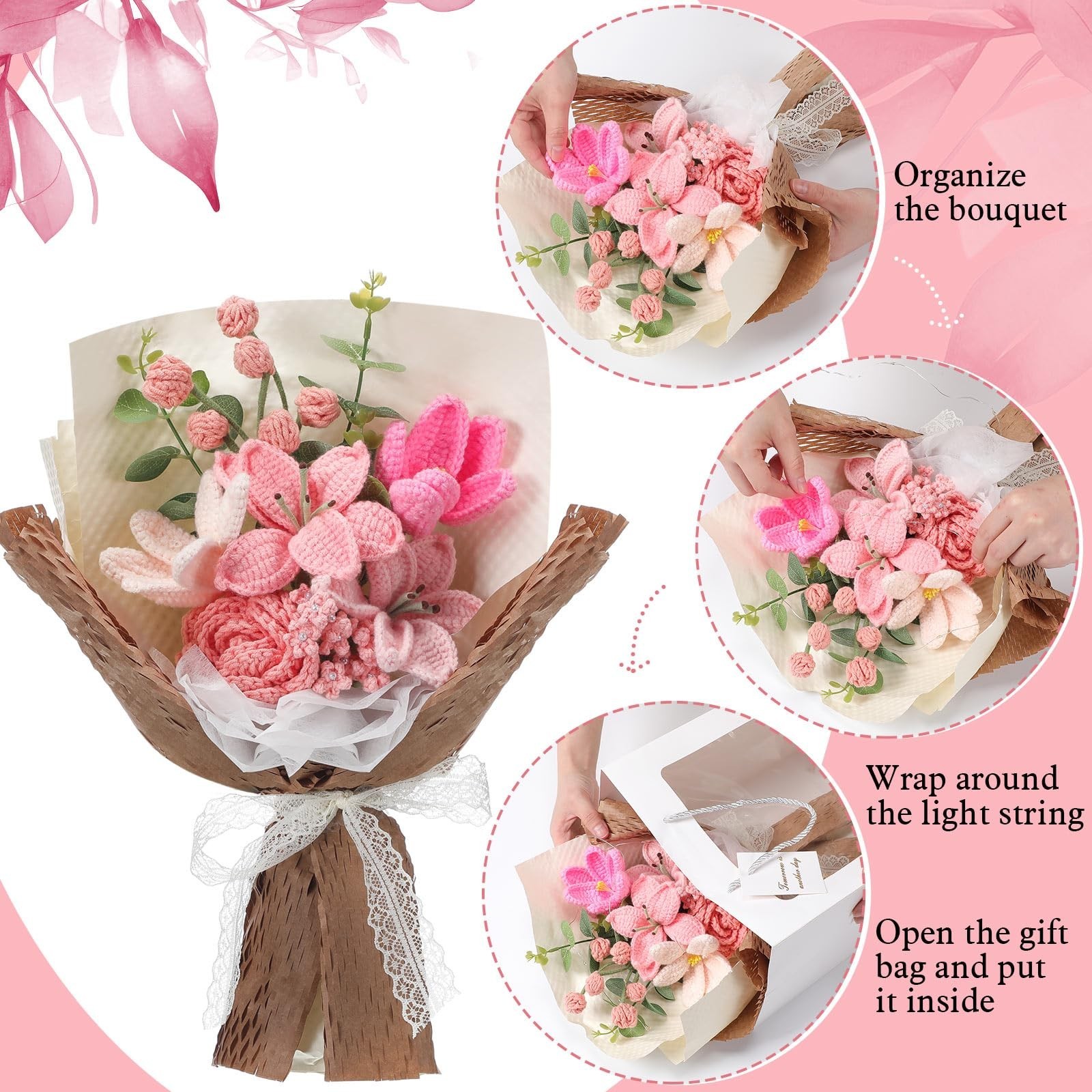 Handmade Crochet Flower Bouquet – Knitted Lily Tulips Rose Gift for Graduation,