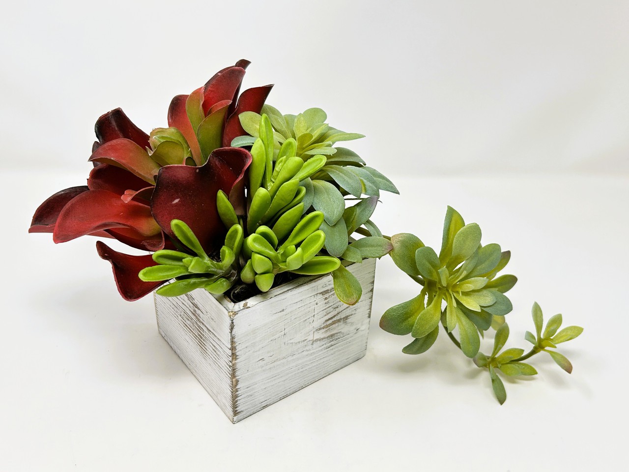 7″ Unique Artificial Red & Green mixed Succulent Garden #23, White-washed wooden