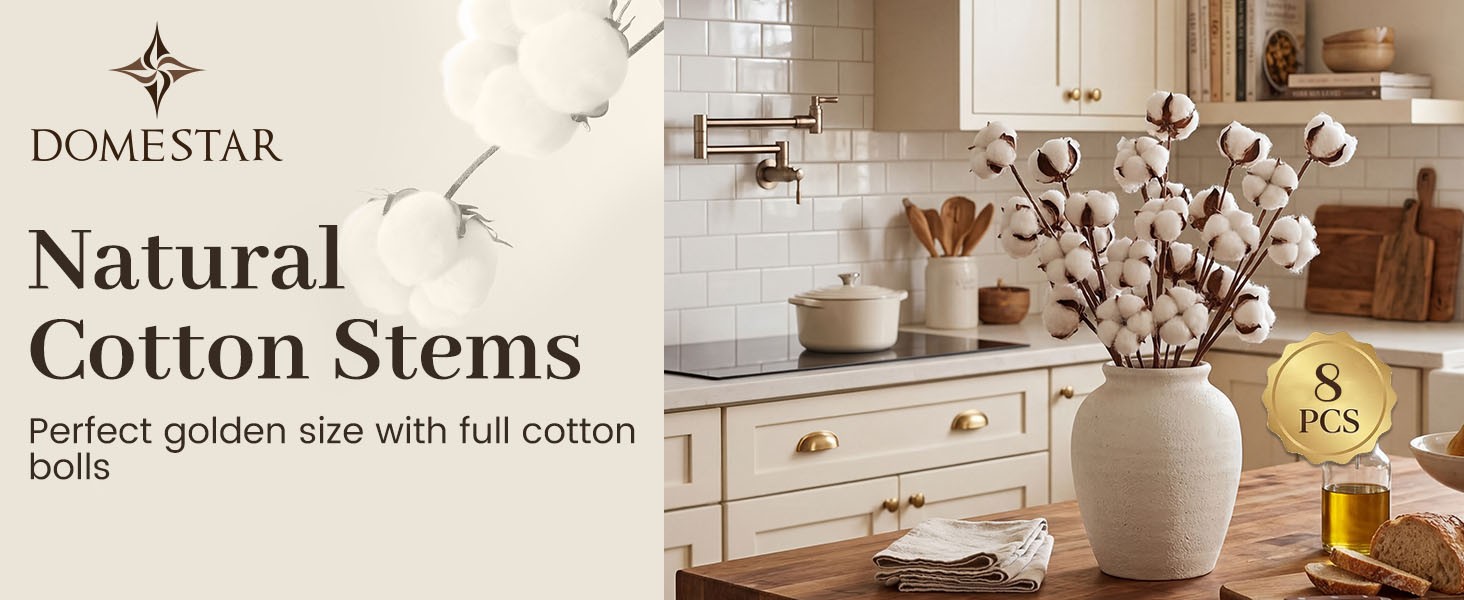 Cotton Stems 8 Packs with 15 Bolls, Natural Dried Flowers Cotton Sprigs for Vase