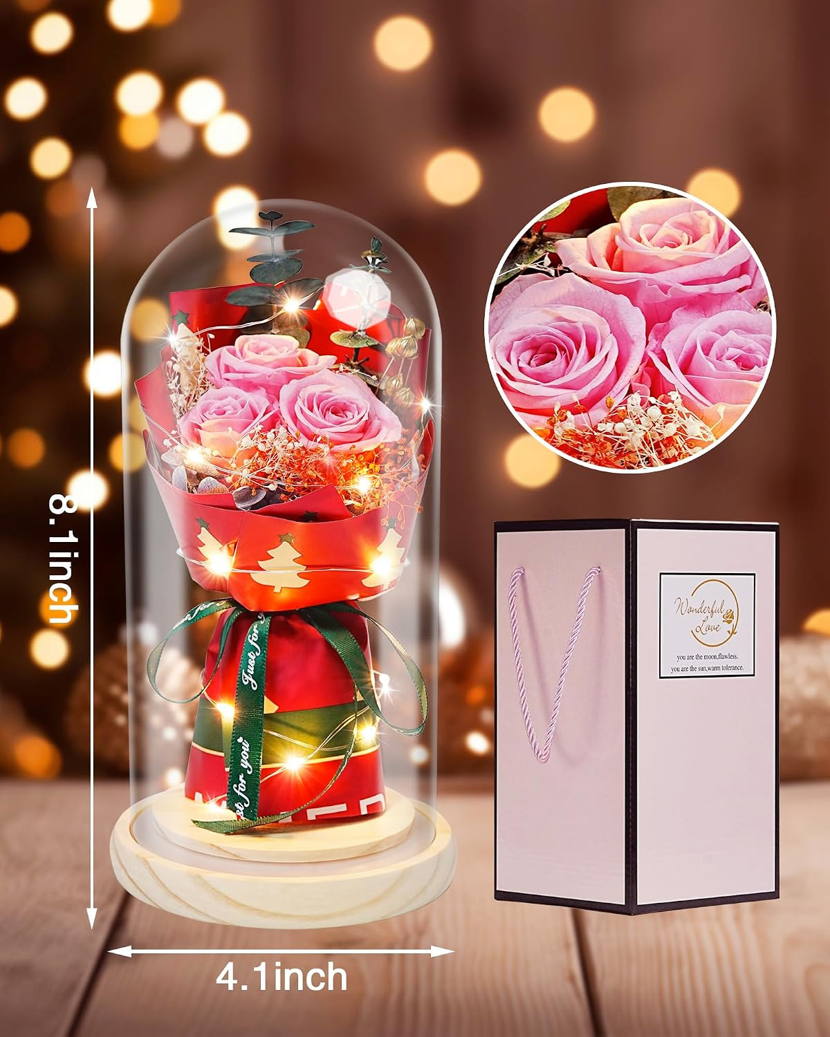 Preserved Flowers in Glass for Her,Pink Real Rose Bouquet with LED Light,Eternal