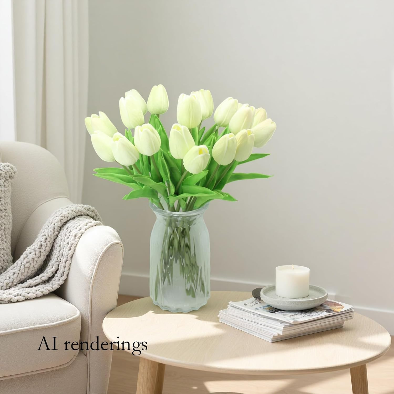 10 Heads Artificial Tulips,Light Champagne | 13.38 Inch,Real Touch PU Faux Flora