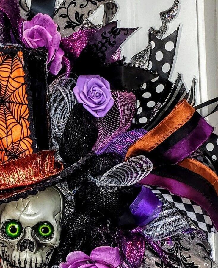 Halloween Wreath Decoration Large Deco Mesh Skull Top Hat Front Door Decoration