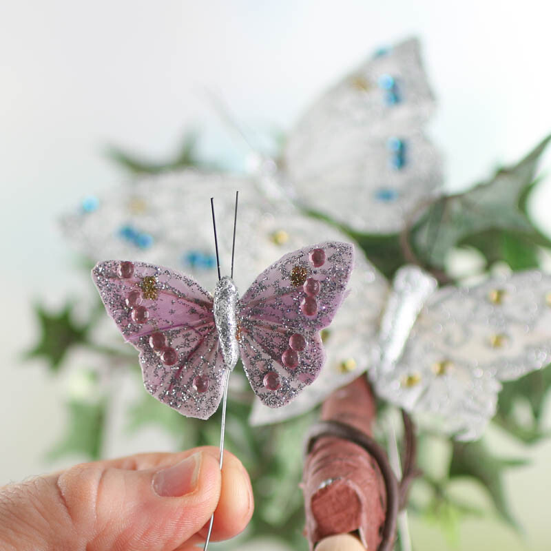 Pack of 12 Assorted Glitter and Rhinestone Artificial Butterflies