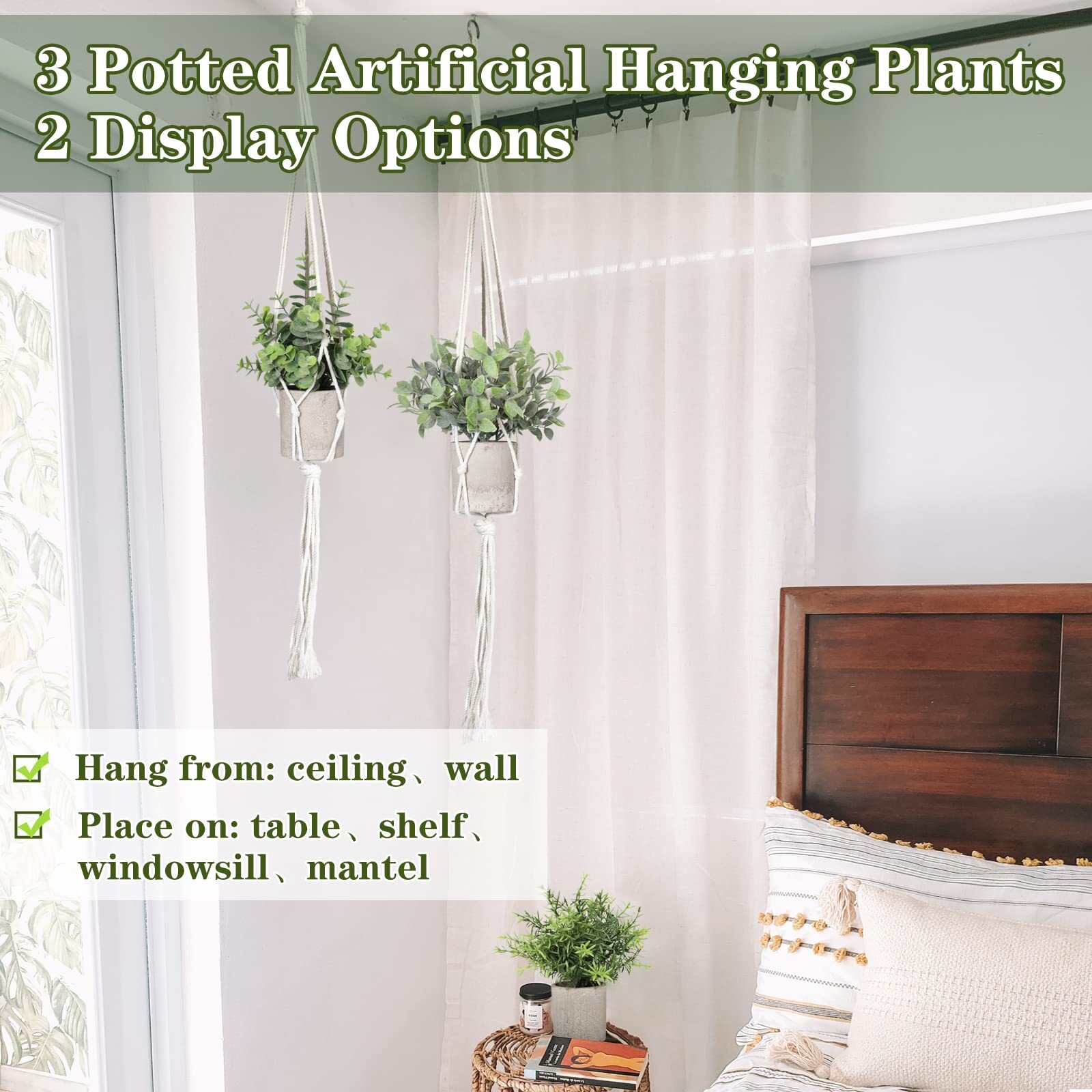Artificial Plants 3 Pack Mini Fake Hanging With Macrame Plant Hangers Decorative