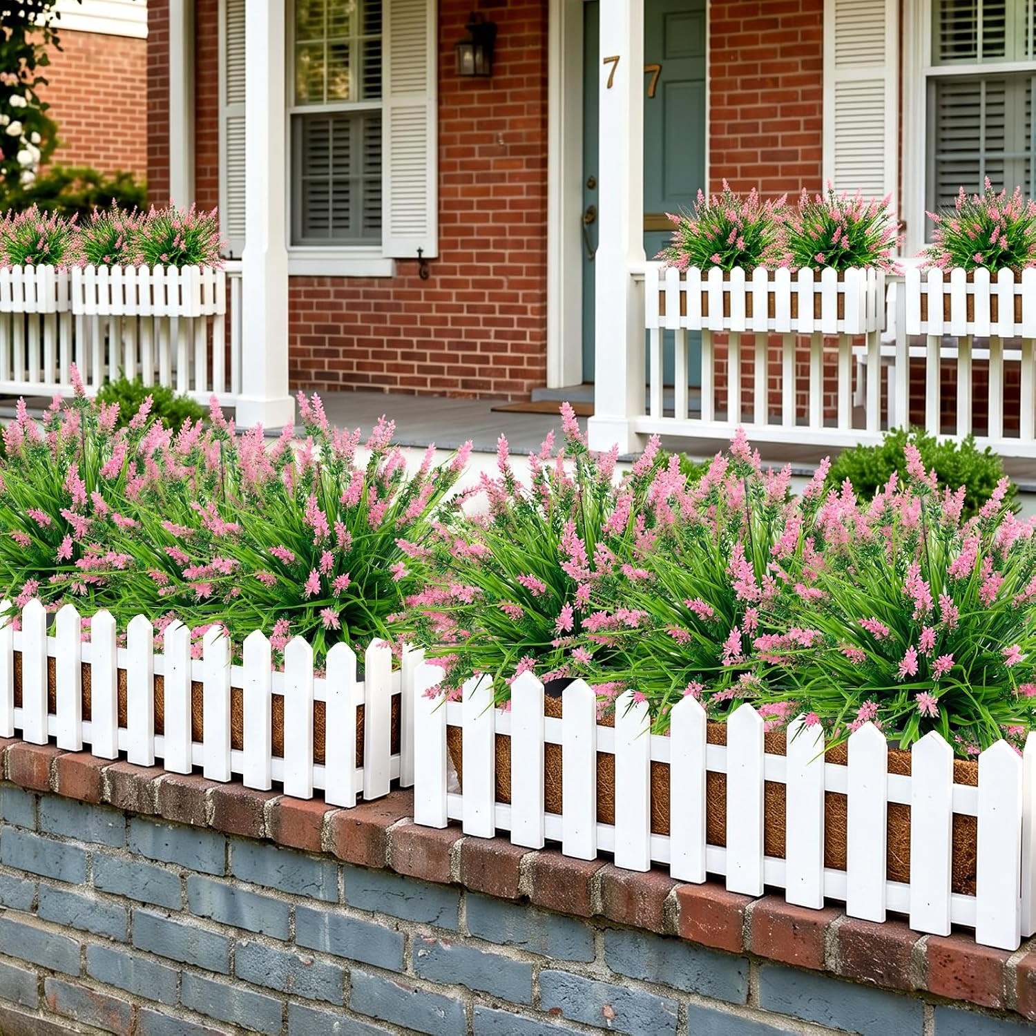 48Pcs UV Resistant Fake Monkey Grass with Pink Flowers for Home & Garden Decor