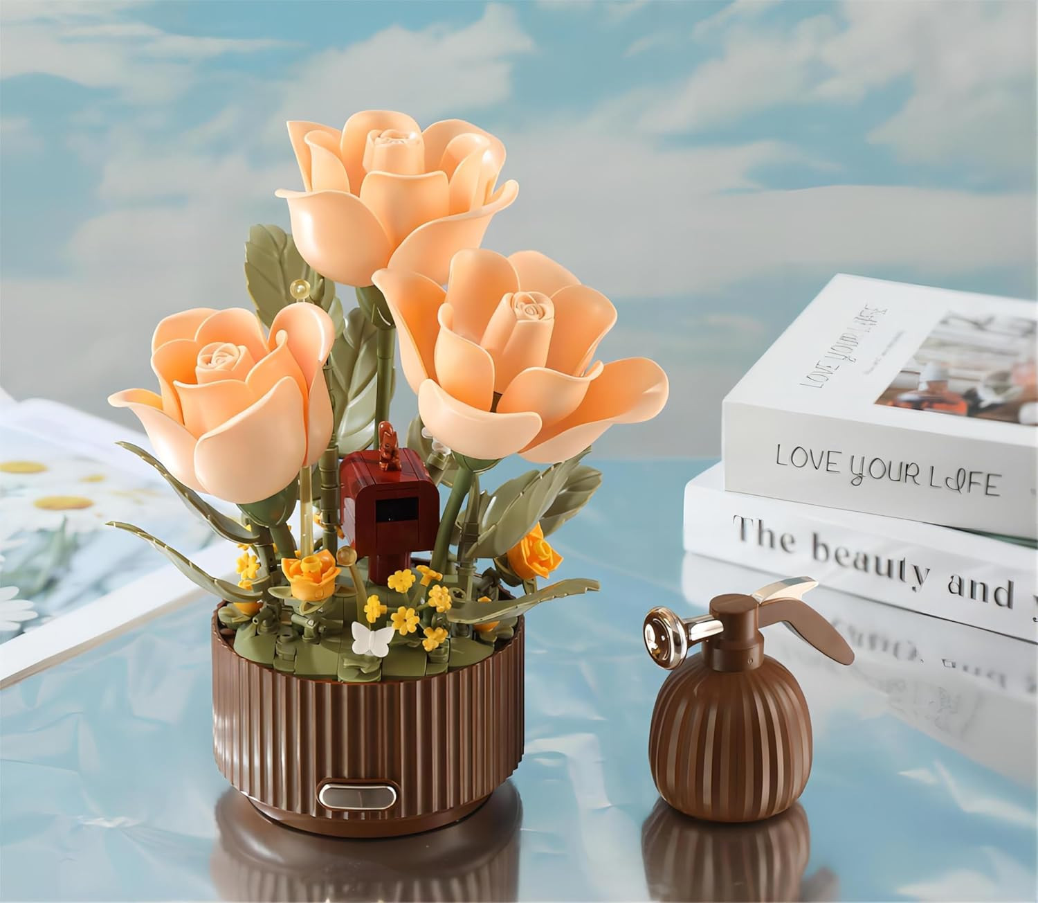 Electric Flower Bouquet Building Set with Remote Control Spray-Bottle, 255 Pcs,O