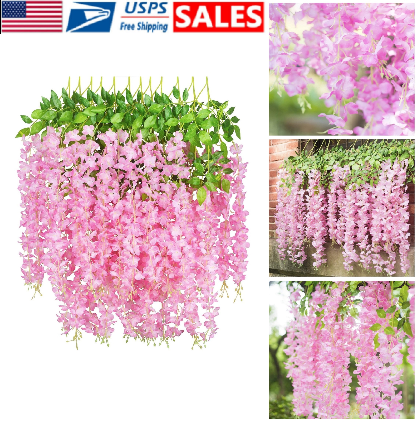 24PCS Artificial Pink Fake Wisteria Vine Ratta Hanging Garland Silk Flower Decor
