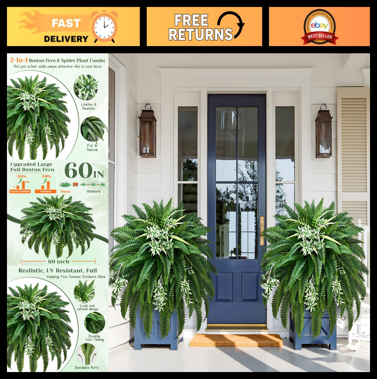 60″ Large Artificial Fern – 118 Branches UV Resistant Faux Boston Fern for Indoo