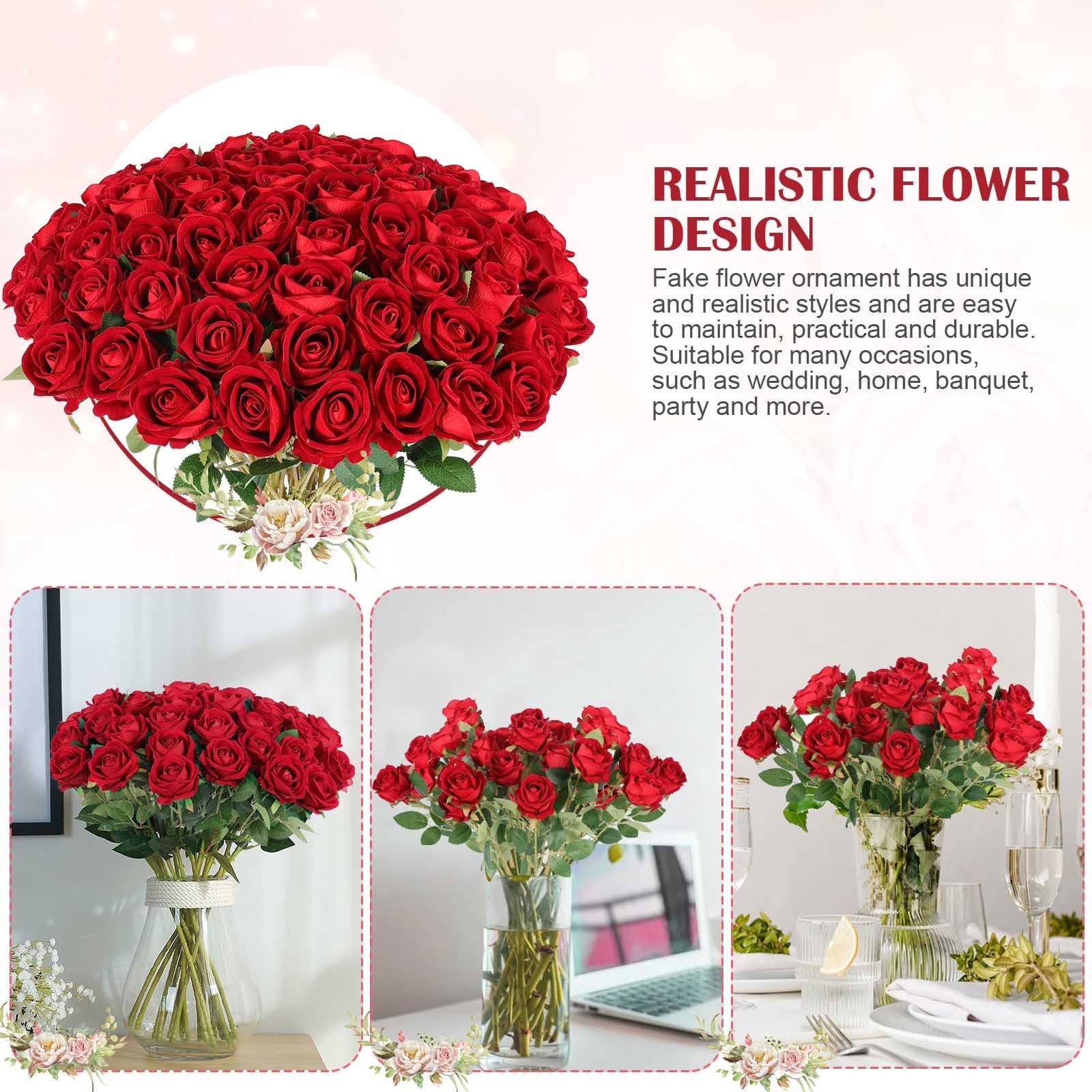 Burgundy Velvet Silk Artificial Red Roses Bulk Wedding Centerpiece 60 PCS