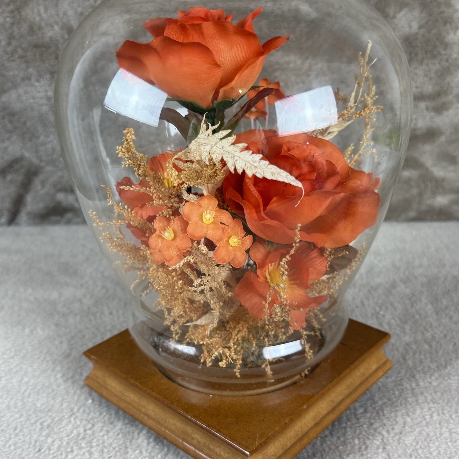 Vintage Butterfly w/Silk Flowers Under Glass Dome Cloche~Silk Flowers Wood Base