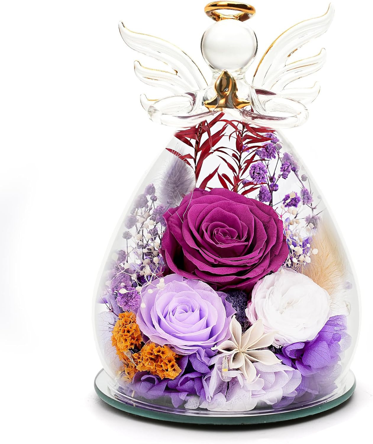 Womens Day for Mom Women, Preserved Rose in Glass Angel Figurines, Real Fresh Fl