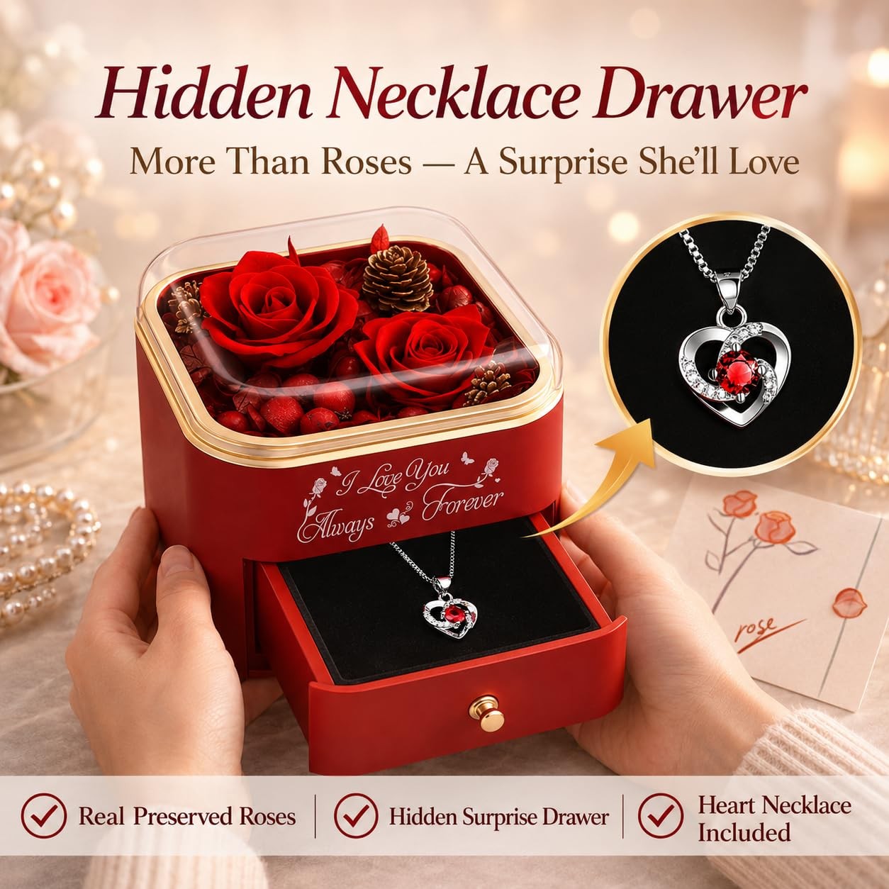 Forever Preserved Rose Gift Box with Hidden Necklace, Romantic Flower Jewelry…