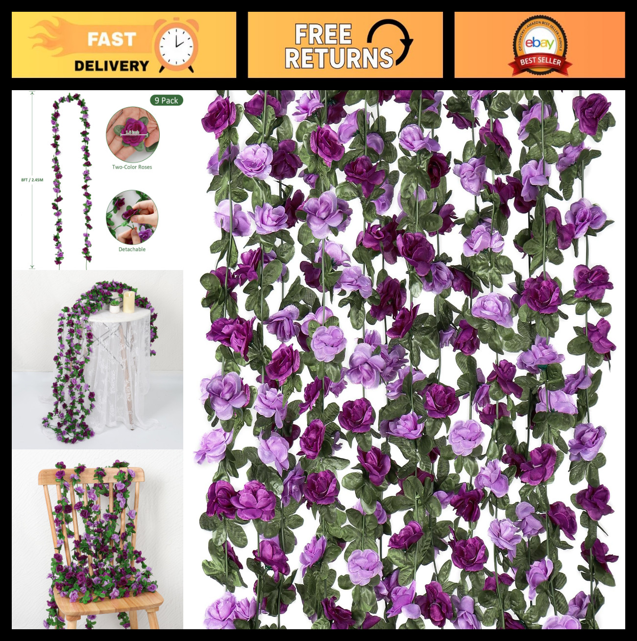 9 Pack 72FT Purple Rose Garland – Silk Flower Vines for Wedding, Home Decor, Bac