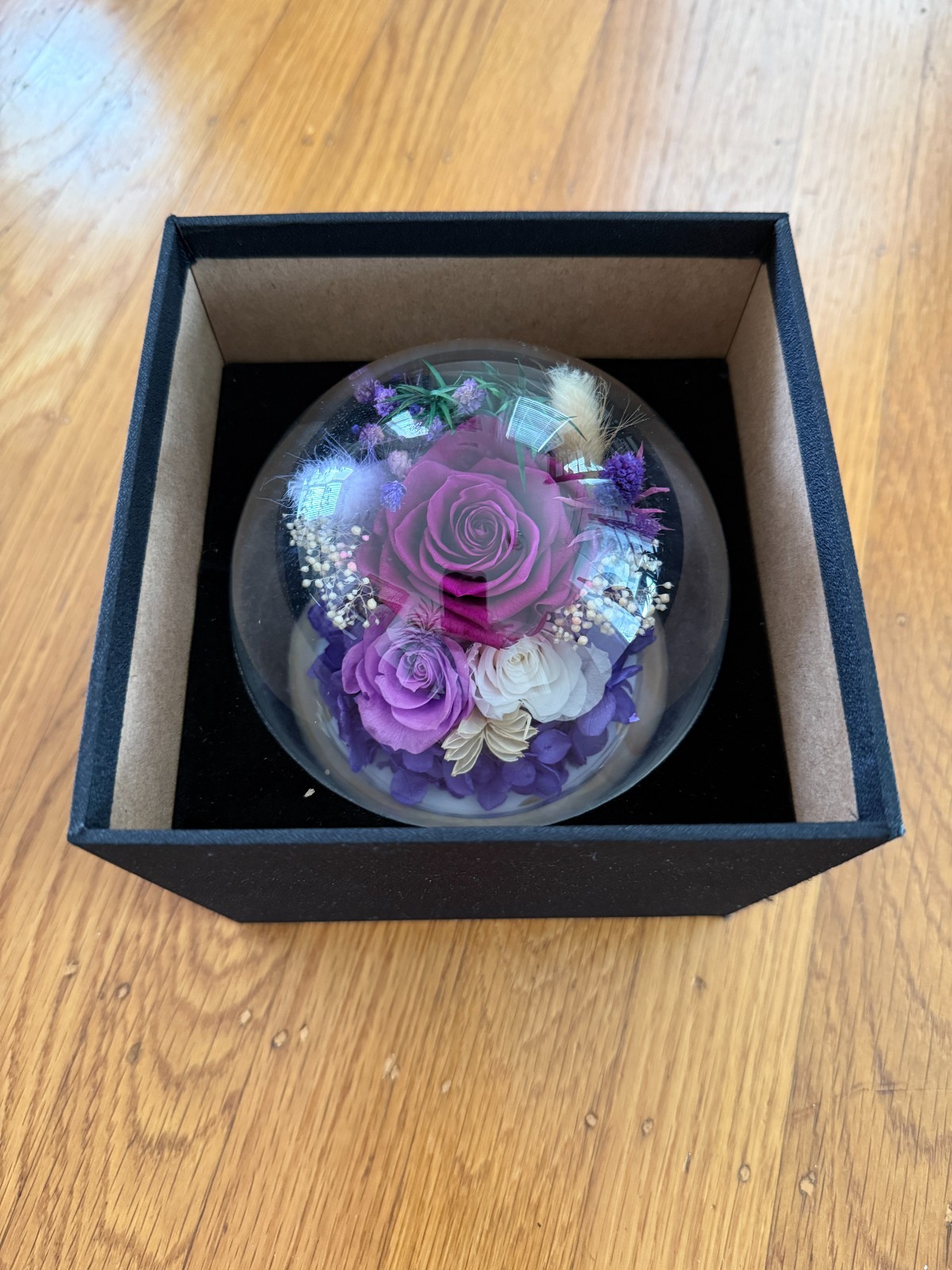 Preserved Eternal Rose Purple Glass Globe Dome LED Wood Base Gift Box Flowers