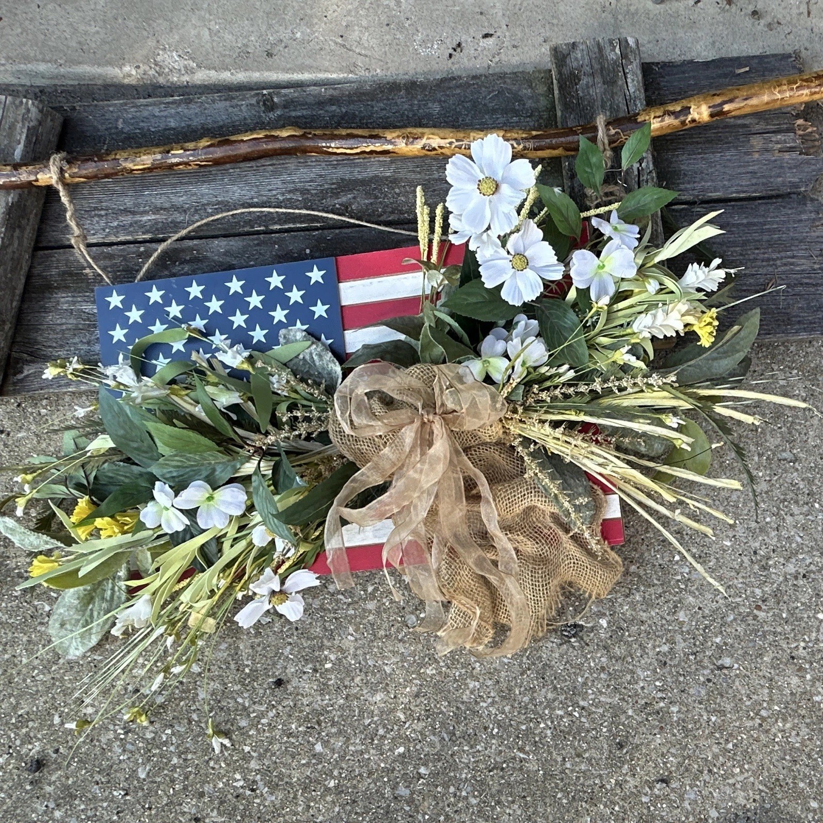 Handmade Patriotic floral Wall Hanging Decor, burlap & wood, artificial flowers.