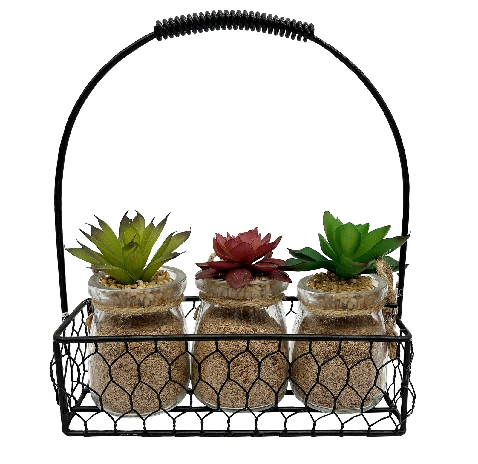 3pcs Succulents in Glass Jar W/Metal Basket Indoor Spring Summer Faux Plant d…