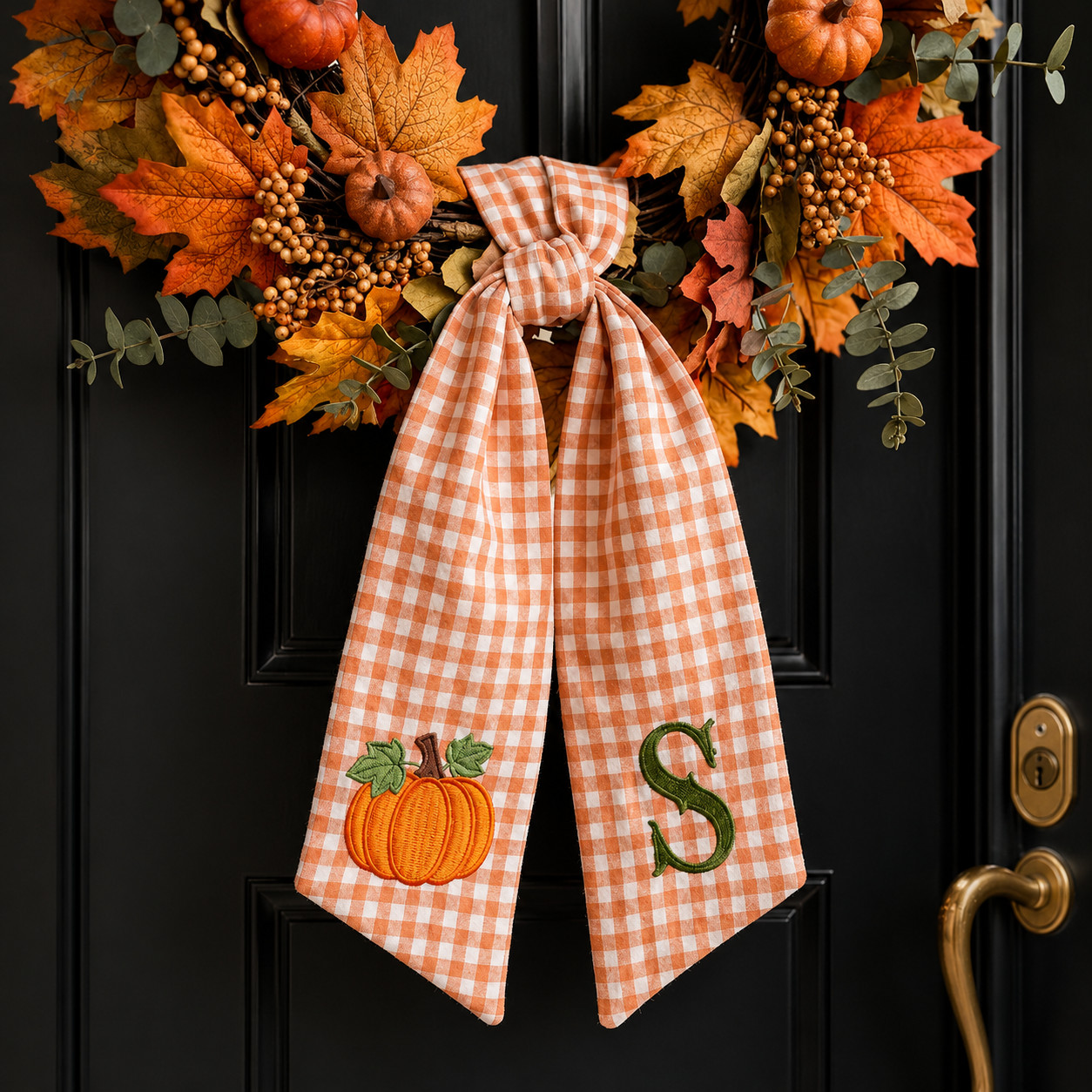 Thanksgiving Wreath Sash, Personalized Seasonal Pumpkin Monogram Door Sash