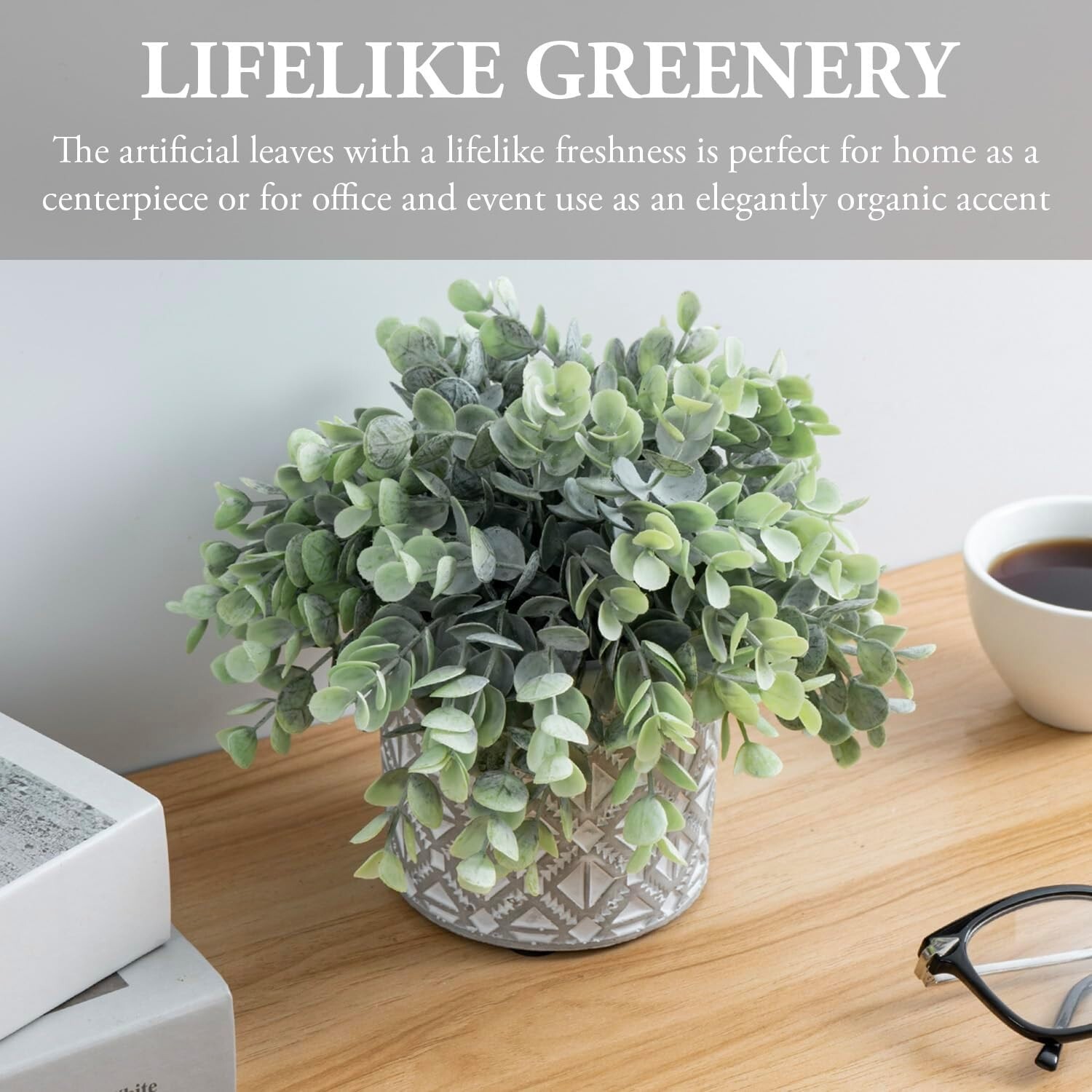 Geometric Embossed Concrete Planter – Artificial Potted Eucalyptus Boxwood Plant